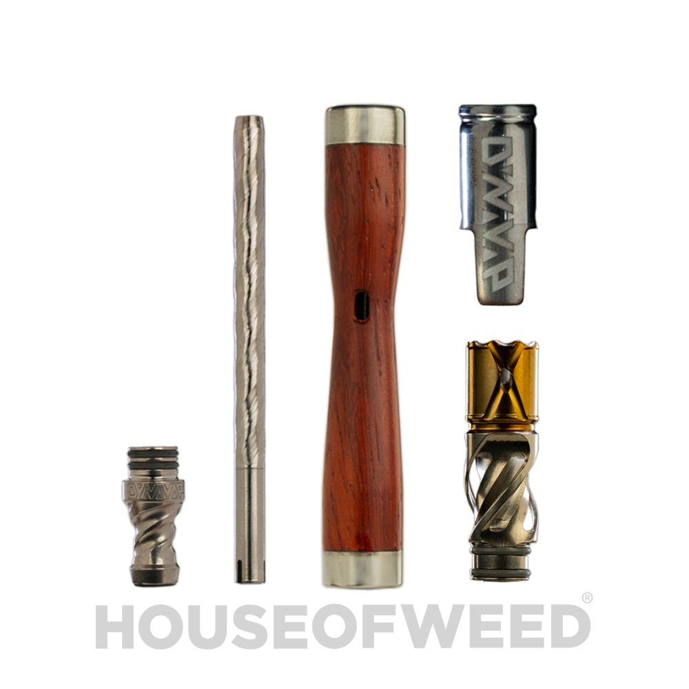 Partes del Vaporizador WoodWynd de Dynavap: Boquilla, condensador, cuerpo de madera, captive cap, helix tituanium tip