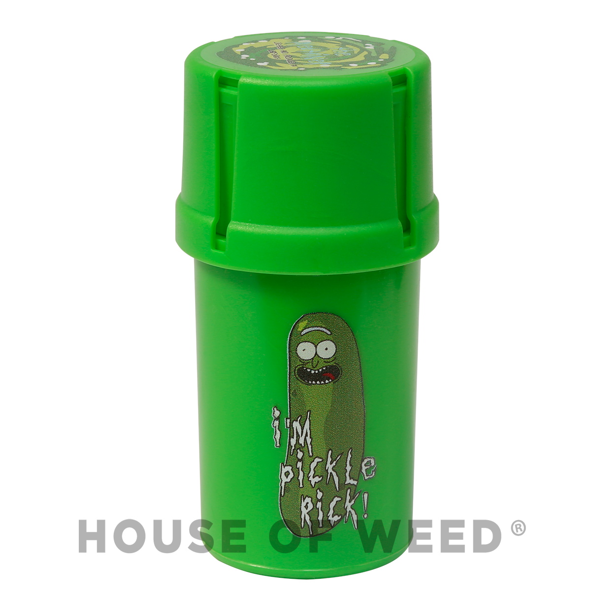 Moledor y contenedor color verde modelo Pickle Rick