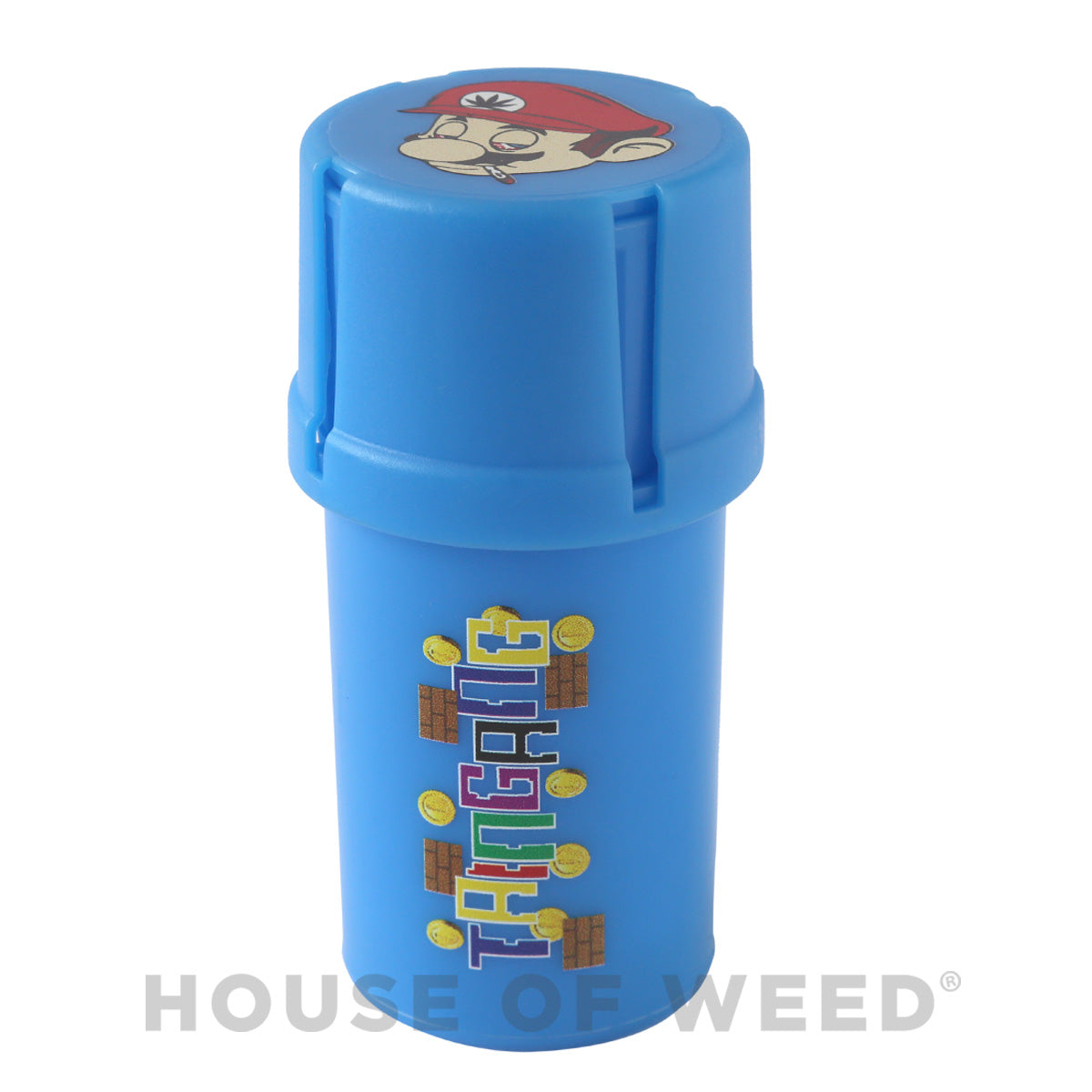 Contenedor y Moledor para Cannabis modelo Mario Bross Color azul con Mario fumando