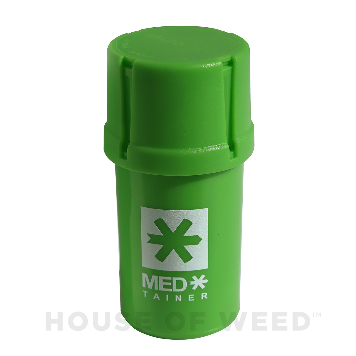 Moledor y contenedor de la marca Medtainer color verde con logo Medtainer Blanco