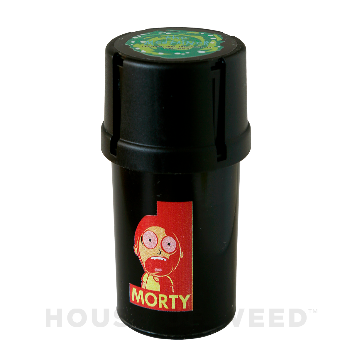 moledor y contenedor de la marca Medtainer color negro con la figura de Morty