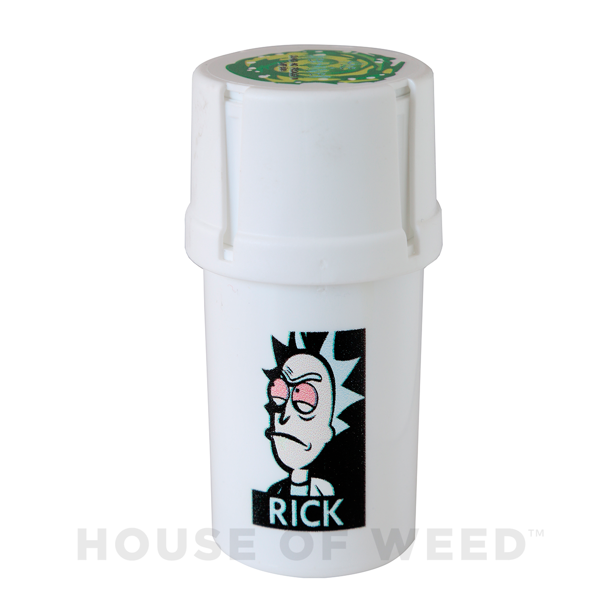 Moledor y contenedor de la marca Medtainer con la figura de Rick de la serie Rick and Morty