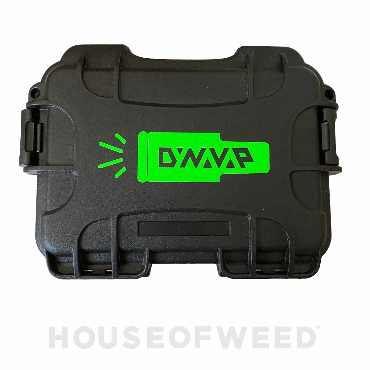 Caja Plástica para Almacenamiento negra con el logo de Dynavap verde neon en el centro.