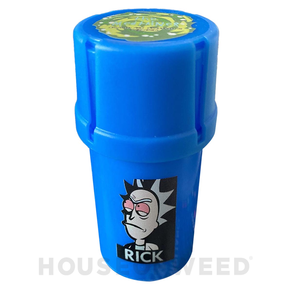 Moledor y contenedor de la marca Medtainer color azul con la figura de Rick de la serie Rick and Morty